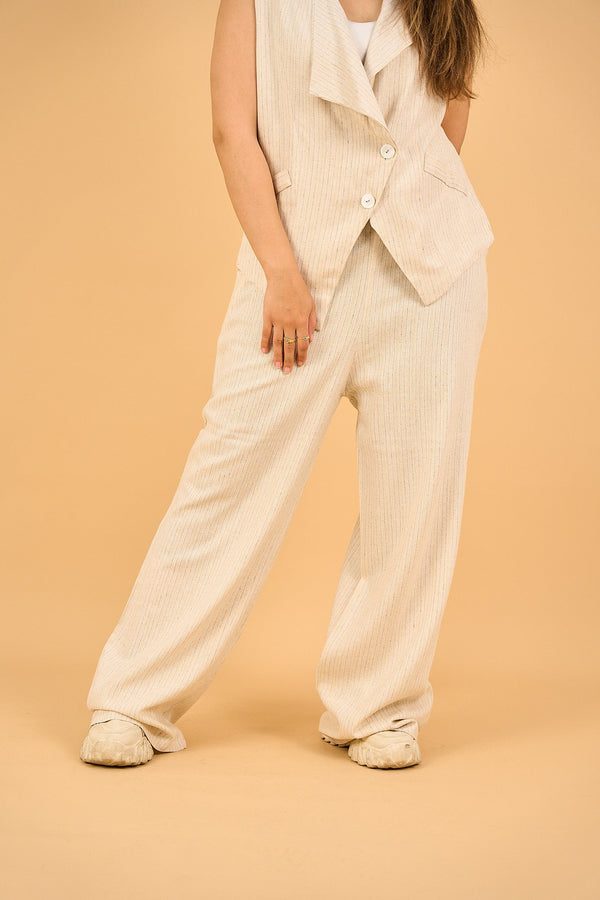 LUNA - Wide Leg Linen Pants - Striped Beige