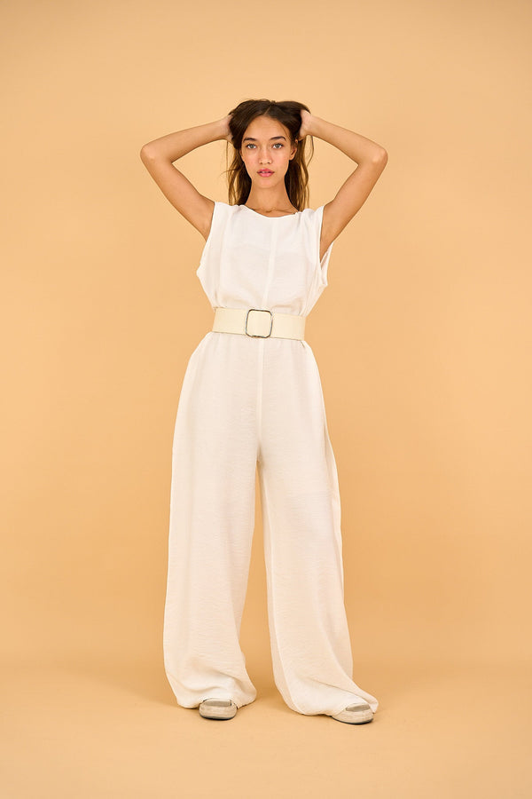 MILA - Linen Blend White Wide-Leg Sleeveless Jumpsuit