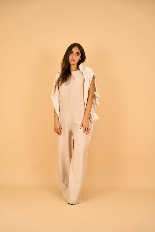 MILA - Linen Blend Beige Wide-Leg Sleeveless Jumpsuit