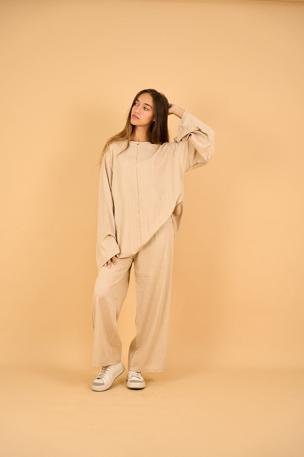 LUNA - Wide Leg Linen Pants - Beige