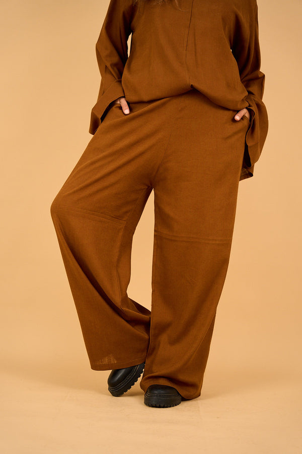 LUNA - Wide Leg Linen Pants - Brown