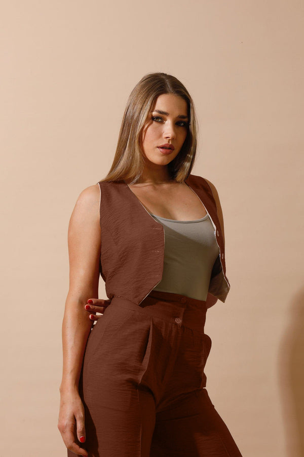 Double-Faced Vest & Pants Set - Brown/Beige