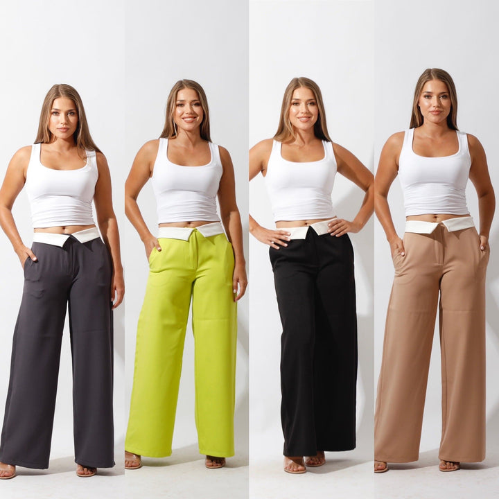 Reversed Waistband Wide Leg Pants - Lime Green - GIFTSNY.US- Hushy Wear