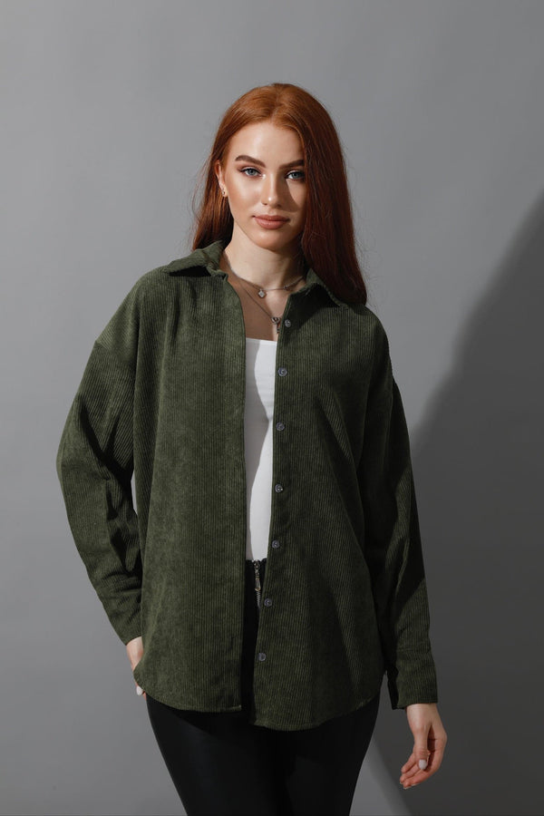 Striped Velvet Shirt Corduroy Top - Olive Green