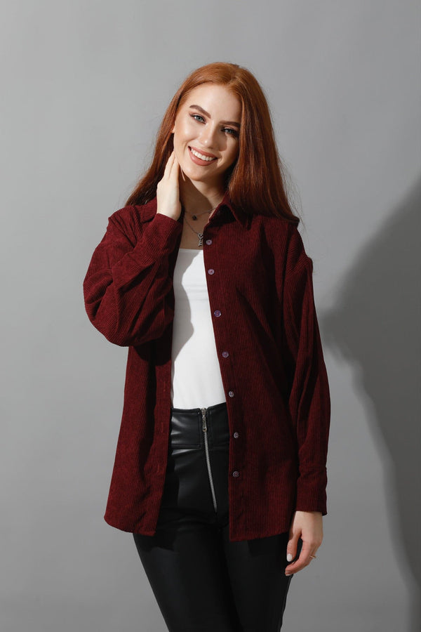 Striped Velvet Shirt Corduroy Top - Maroon