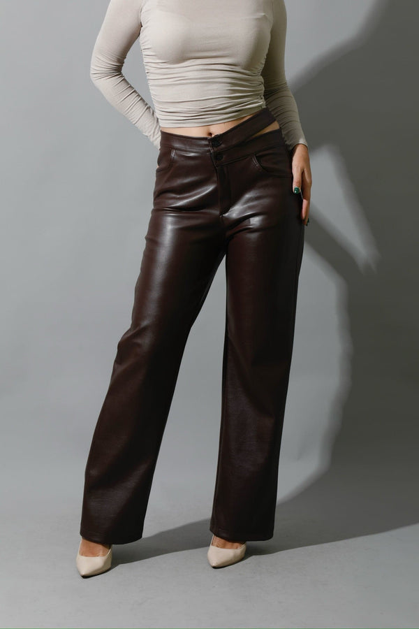 Faux Leather Wide Leg Pants - Brown