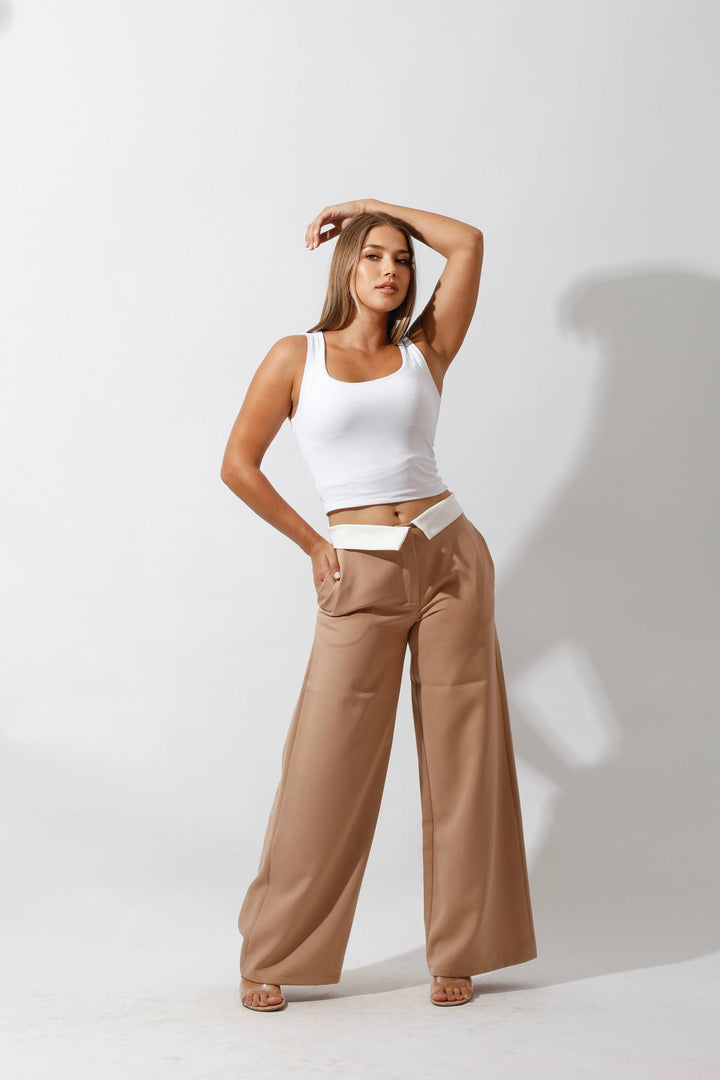 Reversed Waistband Wide Leg Pants - Beige - GIFTSNY.US- Hushy Wear