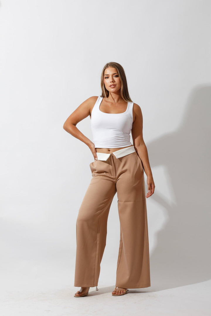 Reversed Waistband Wide Leg Pants - Beige - GIFTSNY.US- Hushy Wear