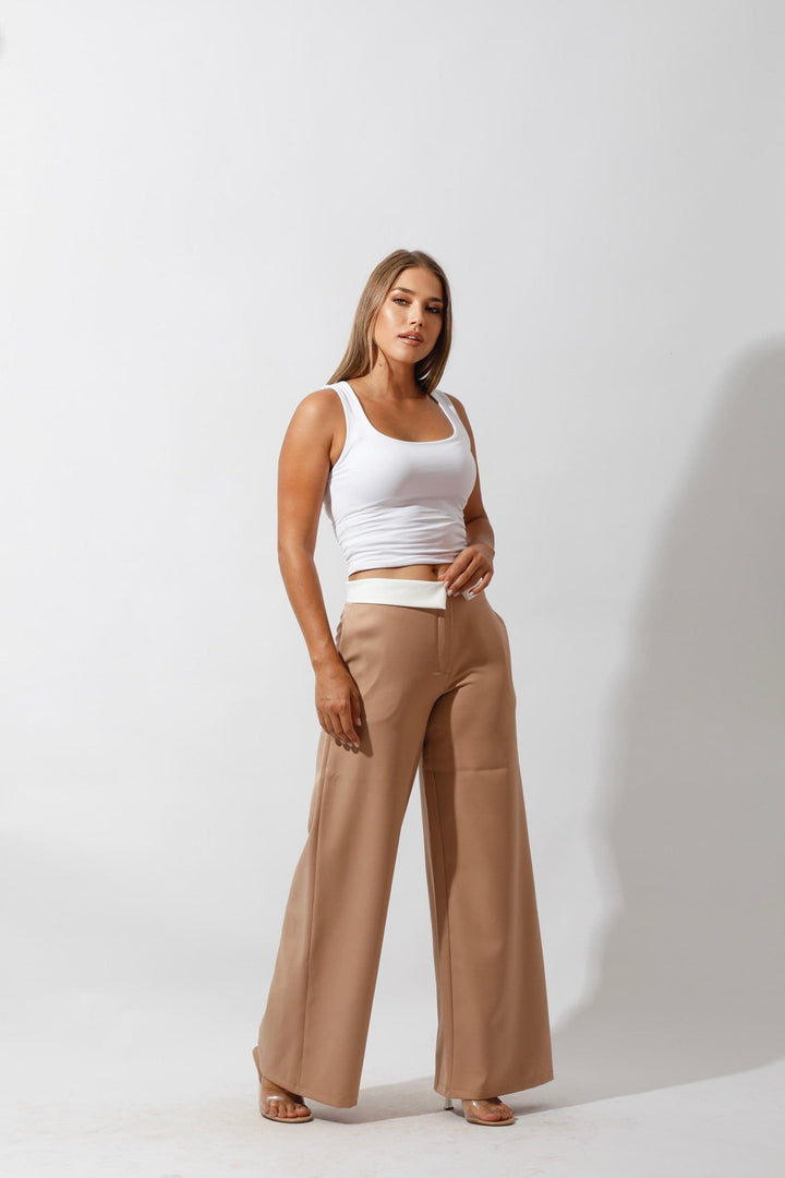 Reversed Waistband Wide Leg Pants - Beige - GIFTSNY.US- Hushy Wear