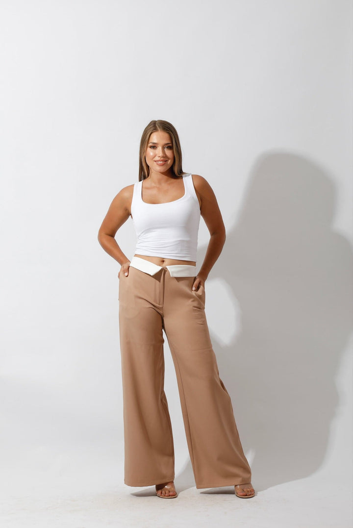 Reversed Waistband Wide Leg Pants - Beige - GIFTSNY.US- Hushy Wear