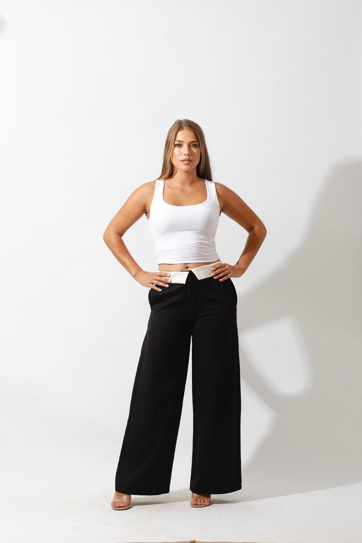 Reversed Waistband Wide Leg Pants - Black - GIFTSNY.US- Hushy Wear