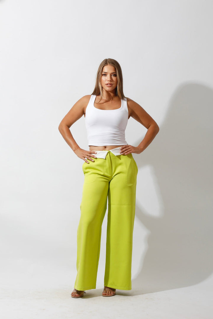 Reversed Waistband Wide Leg Pants - Lime Green - GIFTSNY.US- Hushy Wear