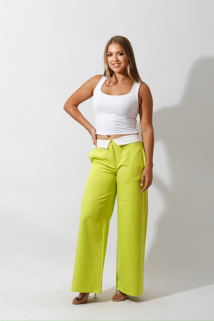 Reversed Waistband Wide Leg Pants - Lime Green - GIFTSNY.US- Hushy Wear