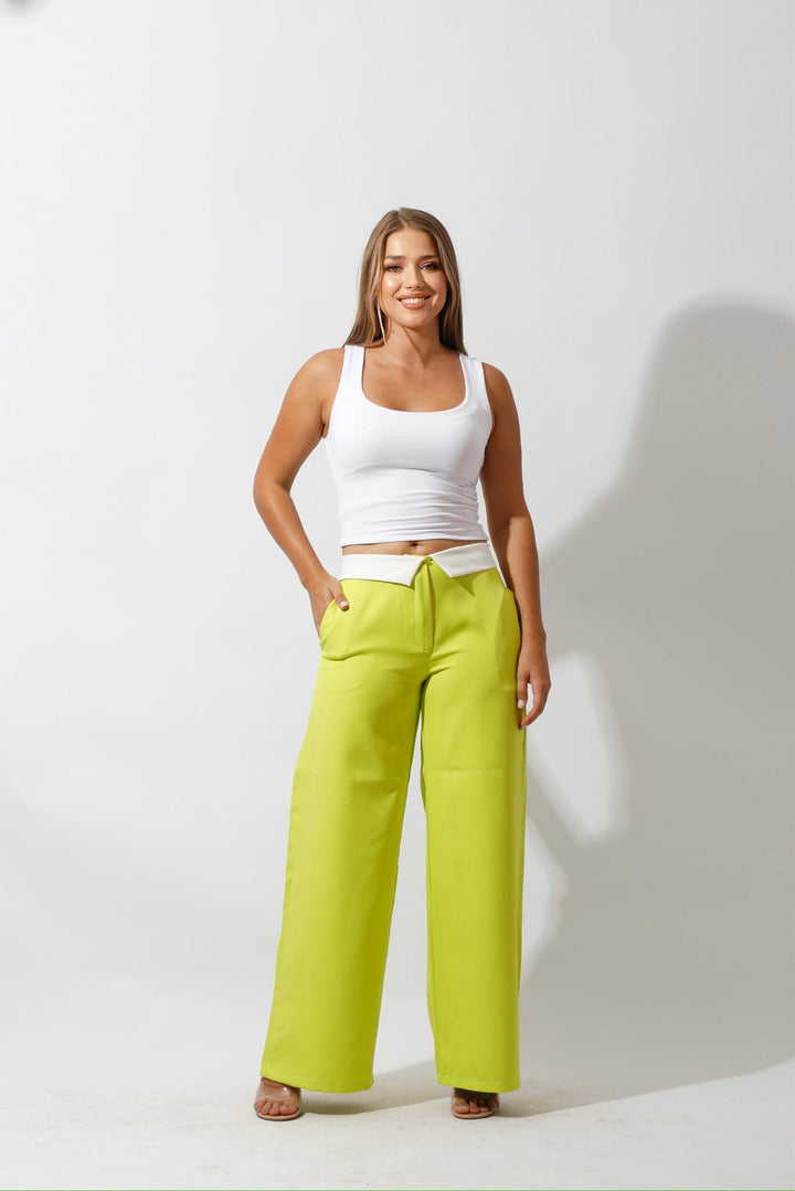 Reversed Waistband Wide Leg Pants - Lime Green - GIFTSNY.US- Hushy Wear