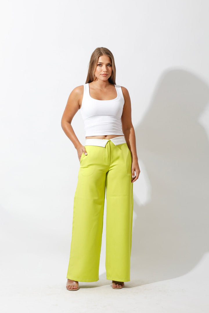 Reversed Waistband Wide Leg Pants - Lime Green - GIFTSNY.US- Hushy Wear