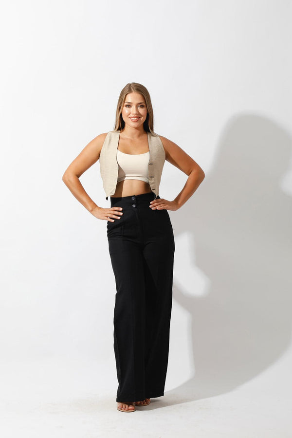 High Waist Linen Pants - Black