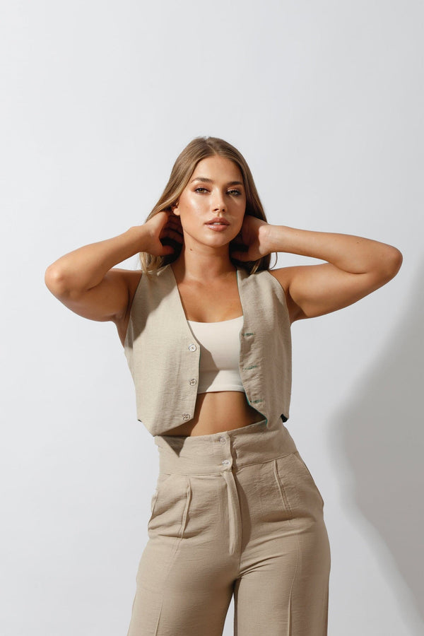 Double-Faced Vest & Pants Set - Beige/Green