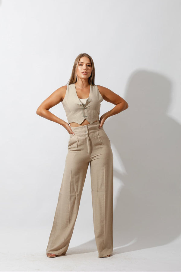 High Waist Linen Pants - Beige