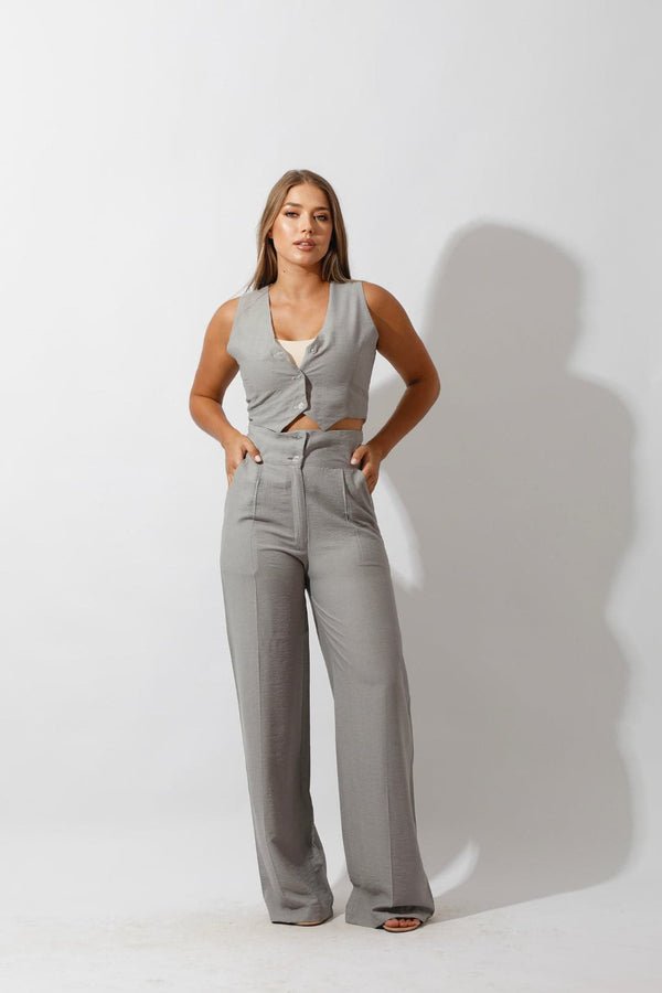 High Waist Linen Pants - Gray