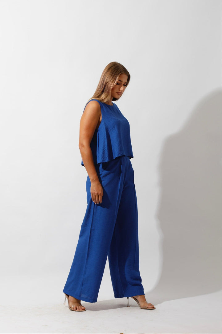 Sleeveless Tank Top & Wide Leg Pants Lounge Set - Royal Blue - GIFTSNY.US- Hushy Wear