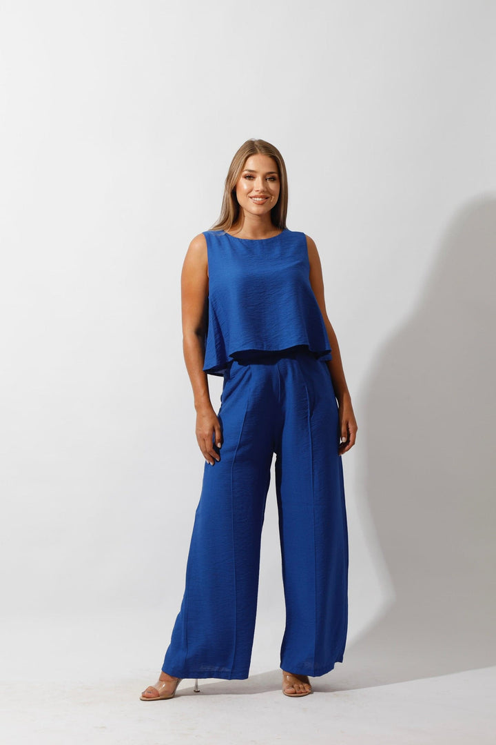 Sleeveless Tank Top & Wide Leg Pants Lounge Set - Royal Blue - GIFTSNY.US- Hushy Wear