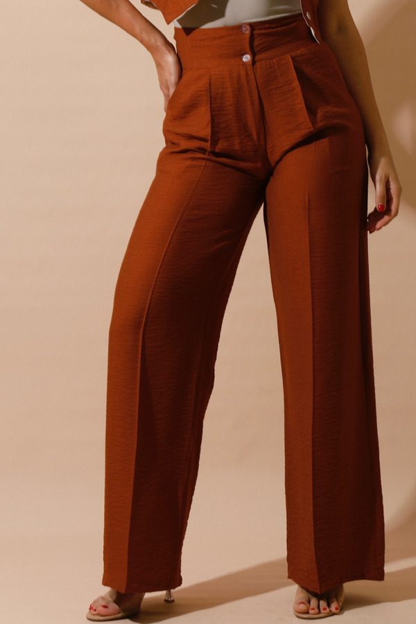 High Waist Linen Pants - Brown