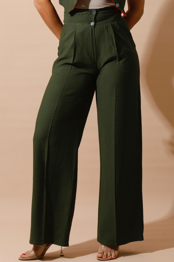 High Waist Linen Pants - Olive