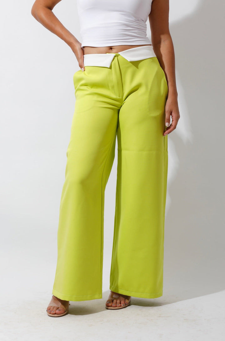 Reversed Waistband Wide Leg Pants - Lime Green - GIFTSNY.US- Hushy Wear