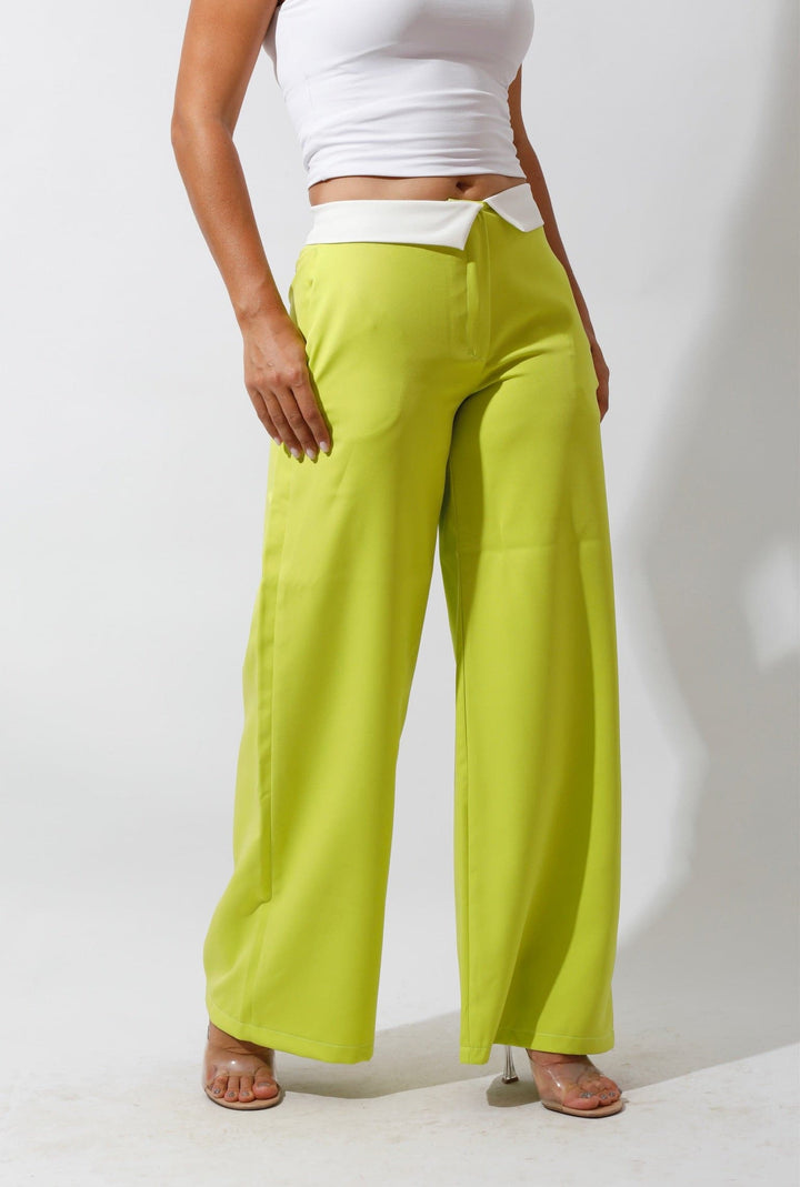 Reversed Waistband Wide Leg Pants - Lime Green - GIFTSNY.US- Hushy Wear