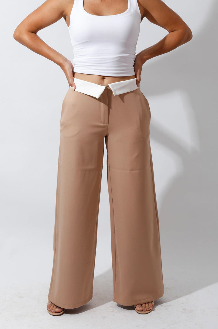 Reversed Waistband Wide Leg Pants - Beige - GIFTSNY.US- Hushy Wear