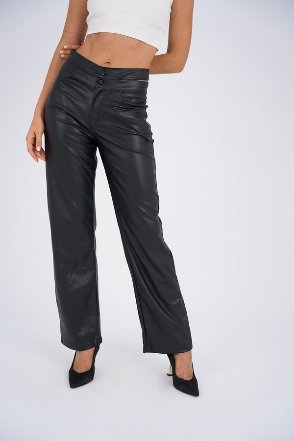 Faux Leather Wide Leg Pants - Black