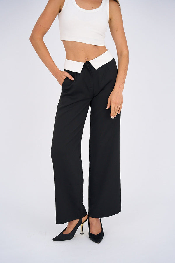 Reversed Waistband Wide Leg Pants - Black