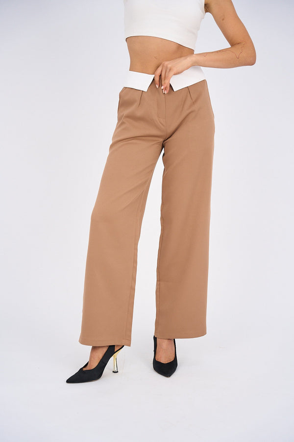 Reversed Waistband Wide Leg Pants - Beige