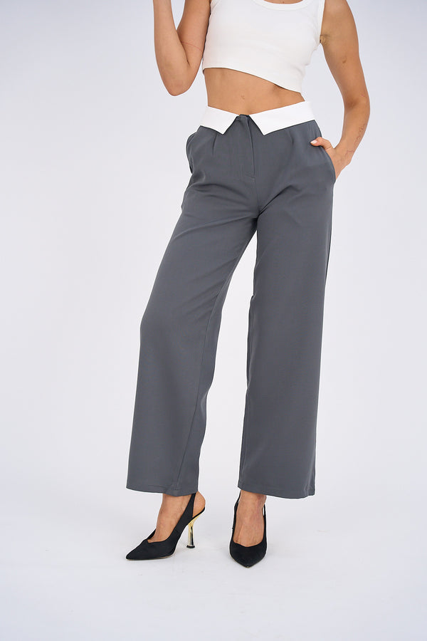 Reversed Waistband Wide Leg Pants - Gray