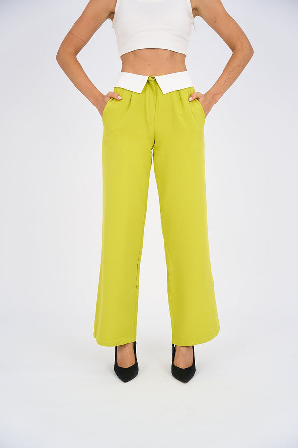 Reversed Waistband Wide Leg Pants - Lime Green