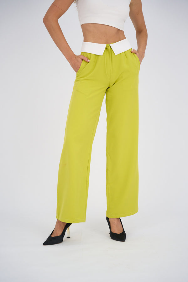 Reversed Waistband Wide Leg Pants - Lime Green