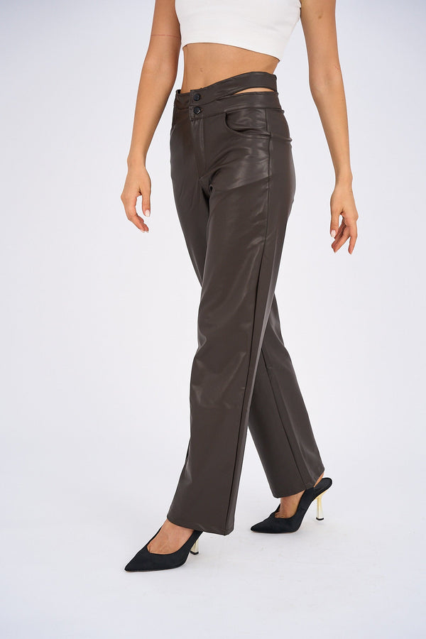 Faux Leather Wide Leg Pants - Brown