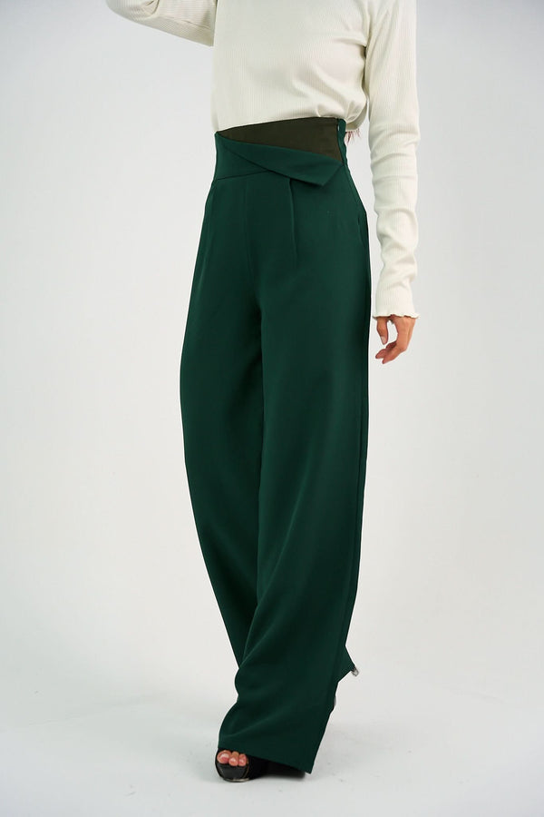 Striped Waistband High Waist Trouser - Green