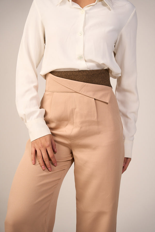 Striped Waistband High Waist Trouser - Beige