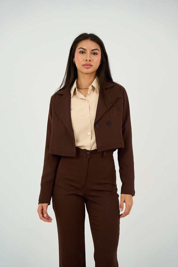 Cropped Open Blazer - Brown