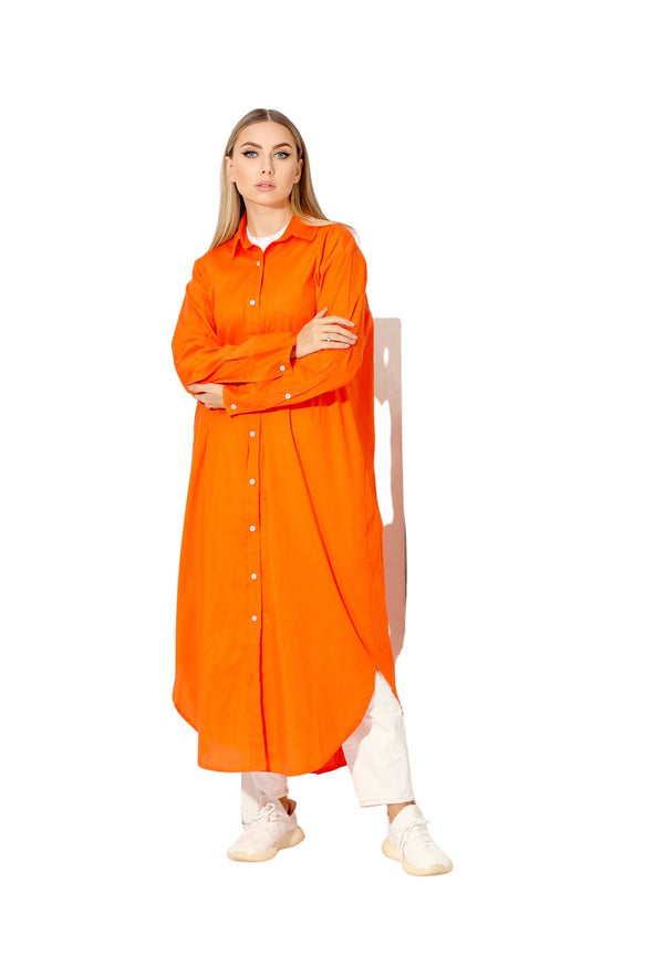Long Oversized Shirt Dress - Orange