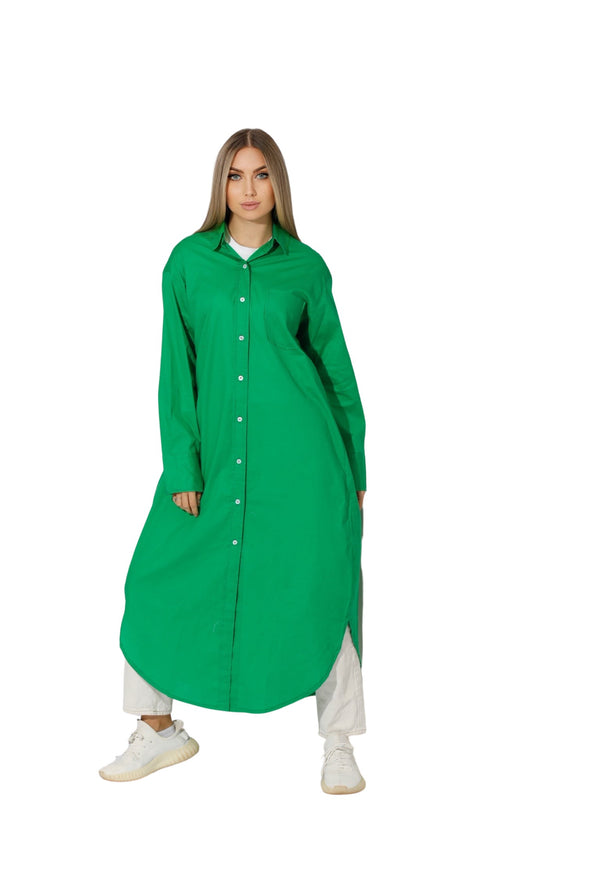 Long Oversized Shirt Dress - Green