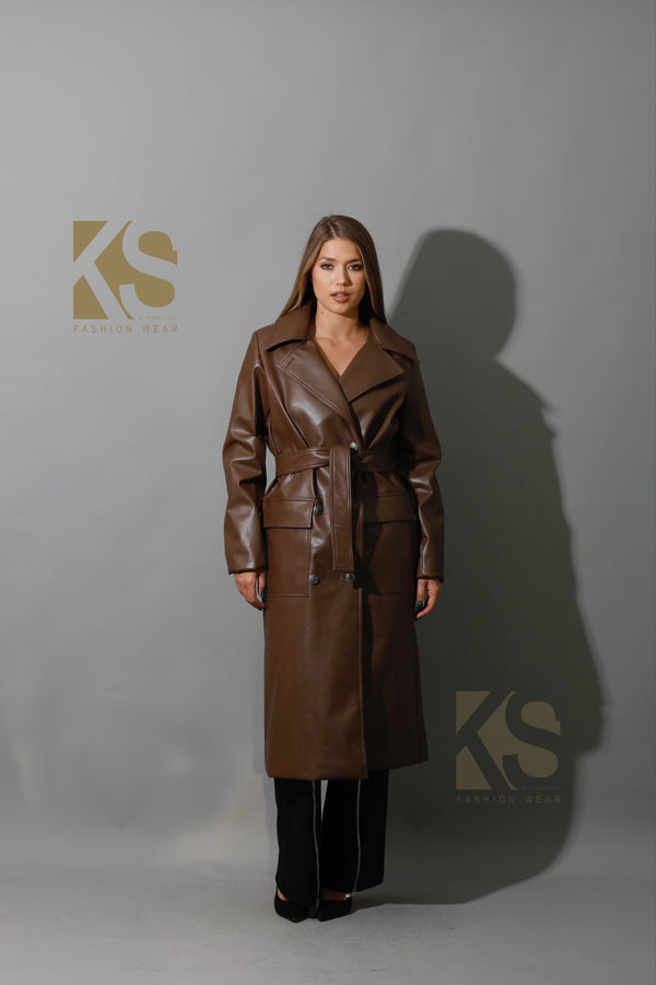 Textured Leather Coat - Brown
