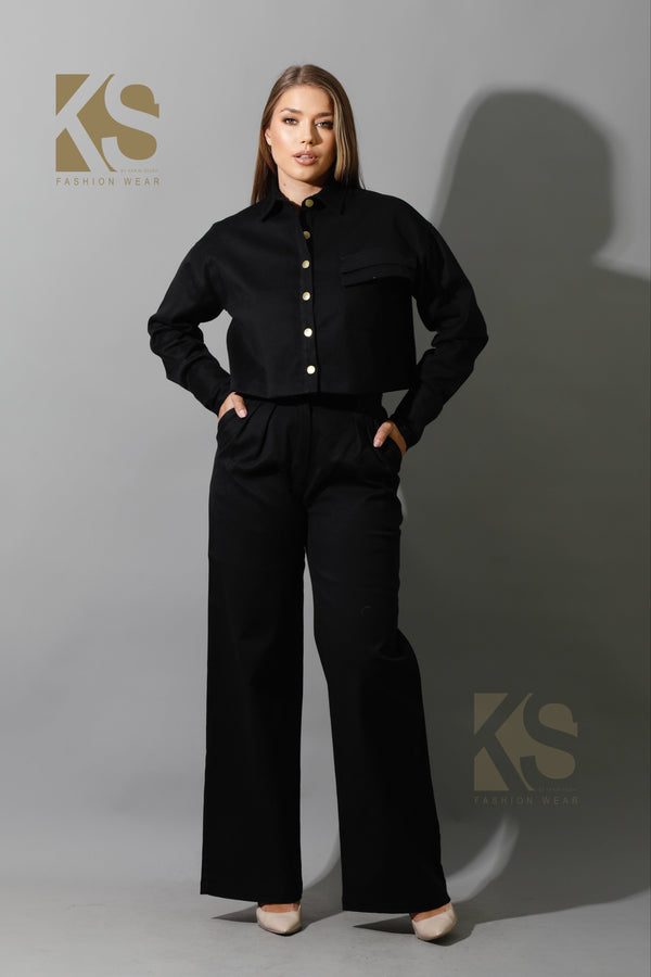 Co-ord Pleated Wide Leg Pants & Cropped Shirt - Black