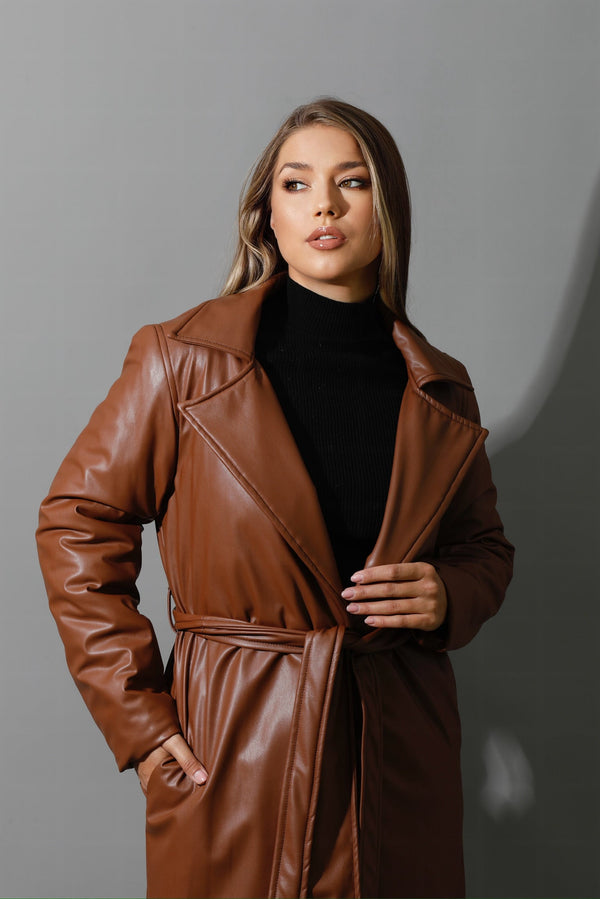 Leather Long Coat - Brown