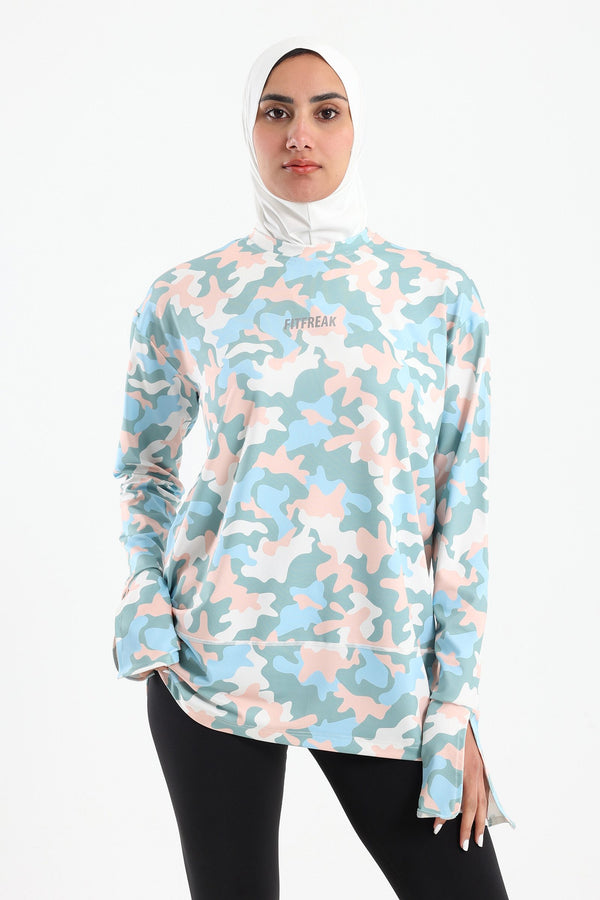 Colored camo printed long bell sleeve top