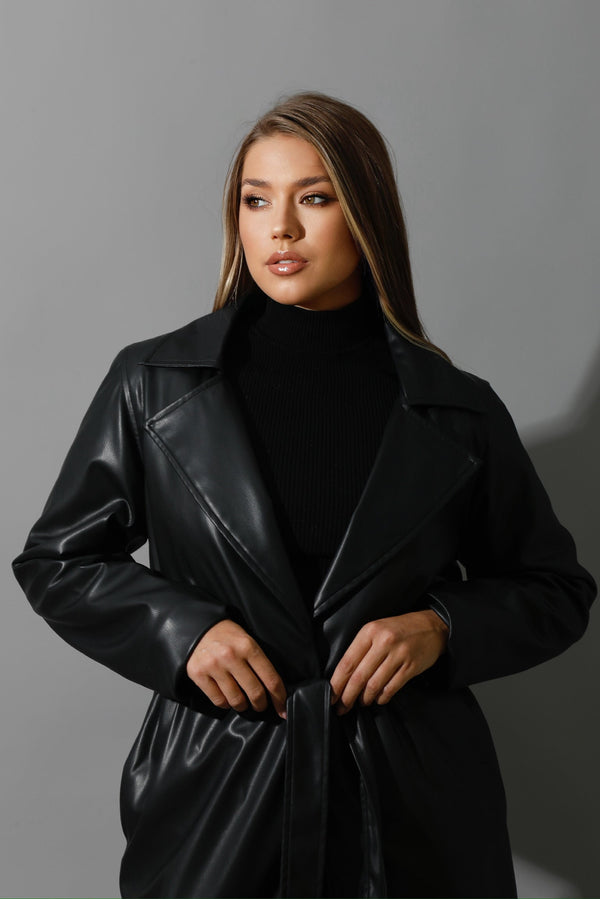 Leather Long Coat - Black