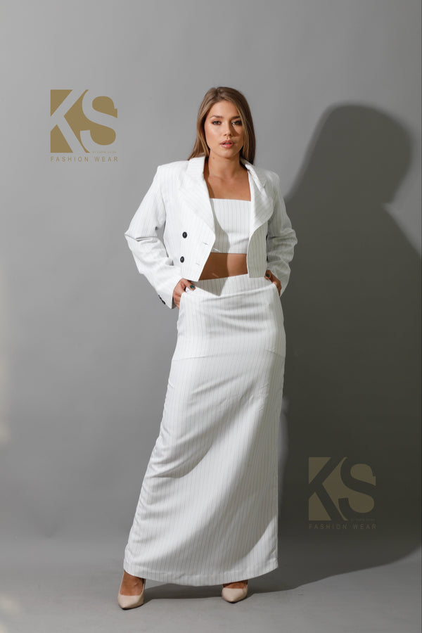 Striped Cropped Blazer, Bra Top & Maxi Skirt Co-Ord - White