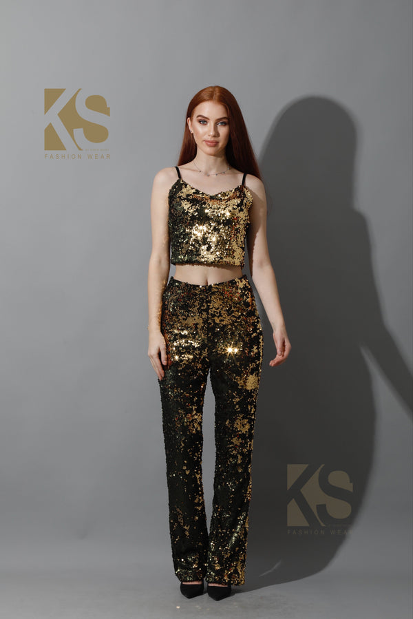 Co-Ord Sequins Top & Trousers Set - Gold