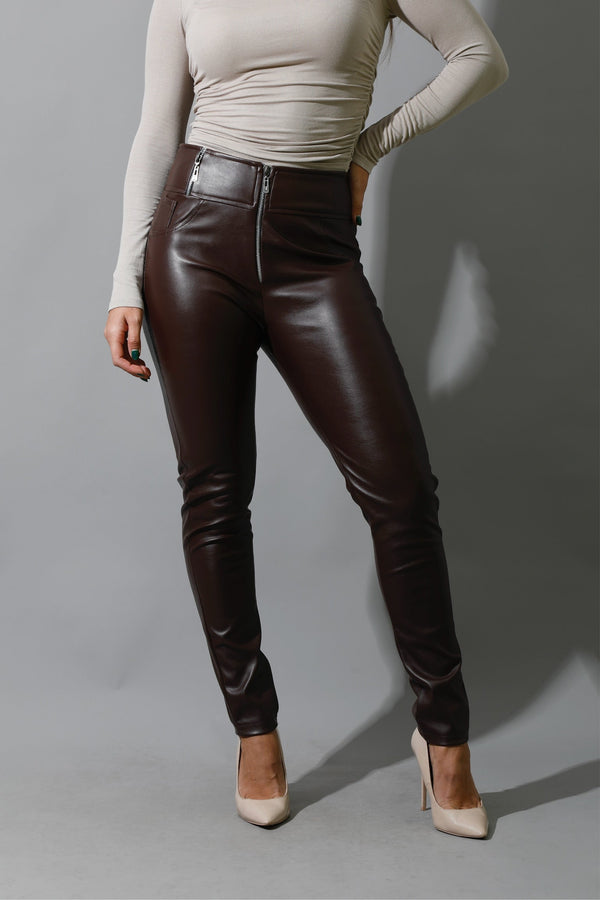 Faux-Leather Leggings - Brown